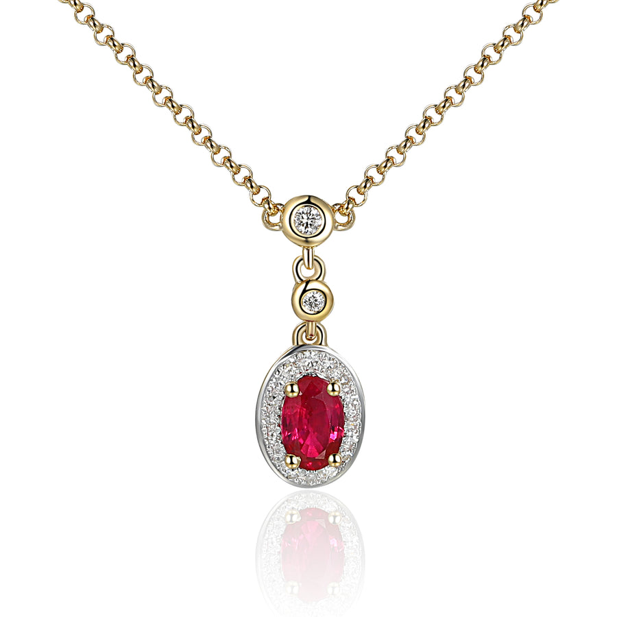 Oval Ruby and Diamond Drop Necklace in 9ct Yellow Gold