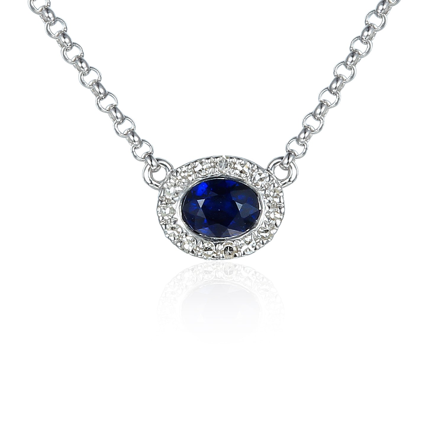 Oval Sapphire and Diamond Halo Necklace in 9ct White Gold