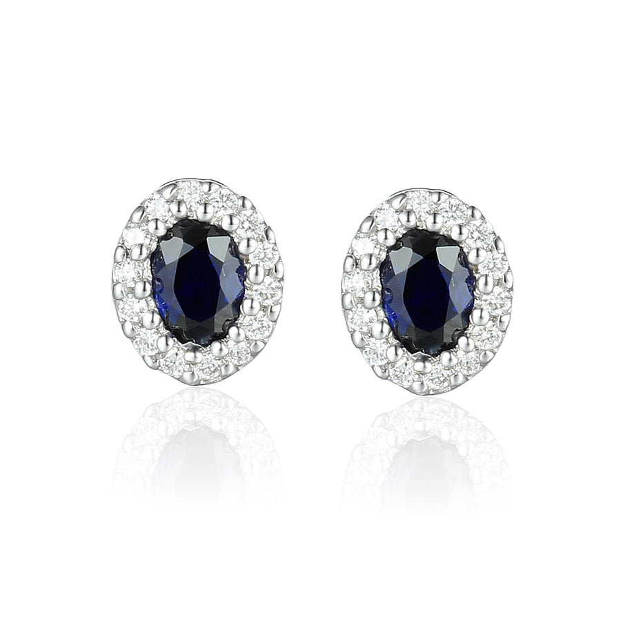 Oval Sapphire and Diamond Halo Stud Earrings in 9ct White Gold