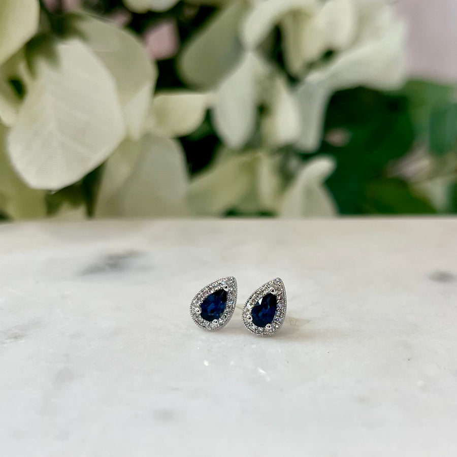 Pear Shaped Sapphire and Diamond Halo Earrings in 9ct White Gold