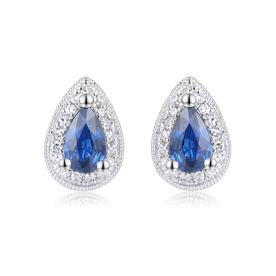 Pear Shaped Sapphire and Diamond Halo Earrings in 9ct White Gold