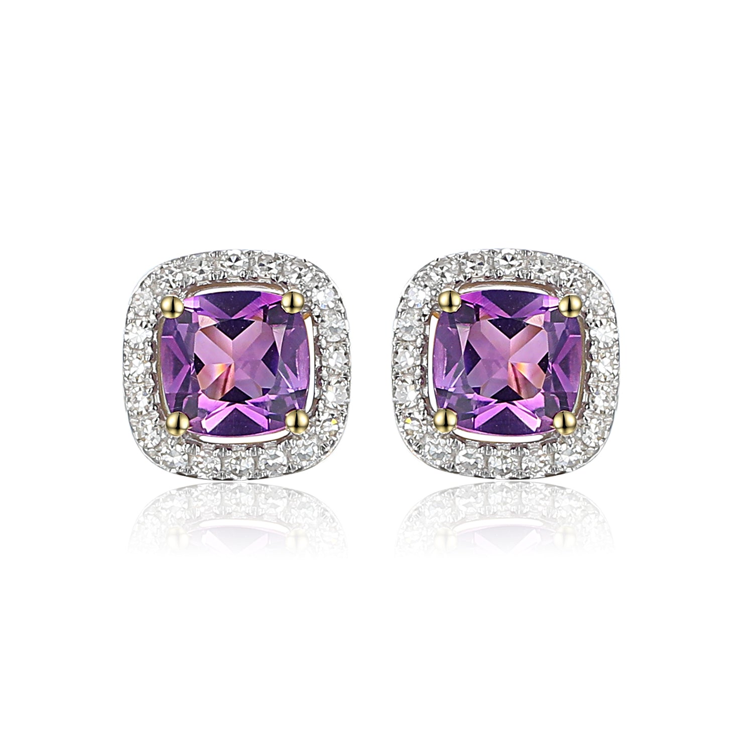 Cushion Cut Amethyst and Diamond Halo Earrings in 9ct Gold