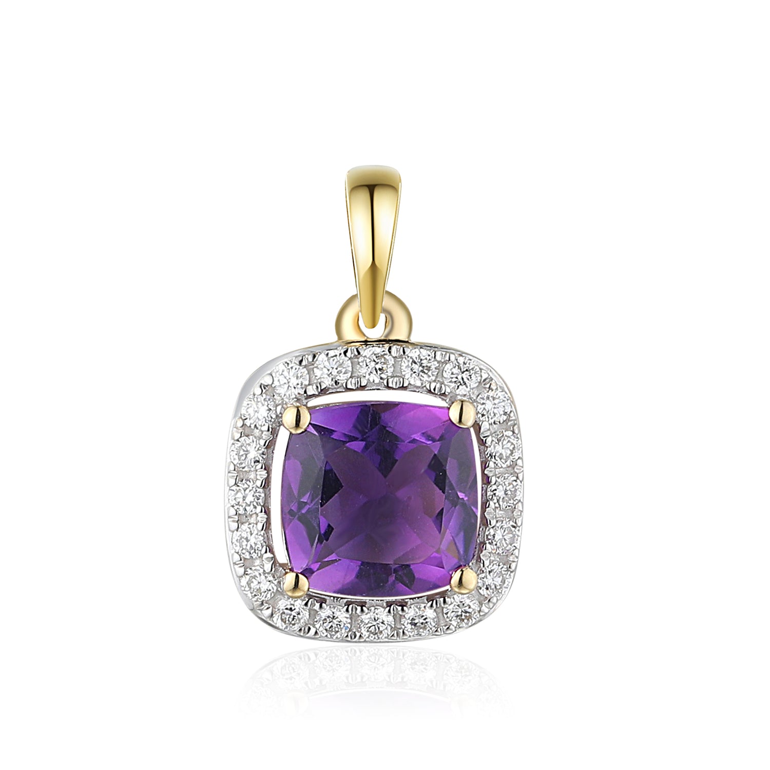 Cushion Cut Amethyst and Diamond Halo Pendant in 9ct Yellow Gold