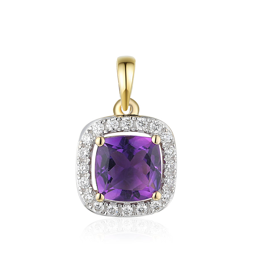 Cushion Cut Amethyst and Diamond Halo Pendant in 9ct Yellow Gold
