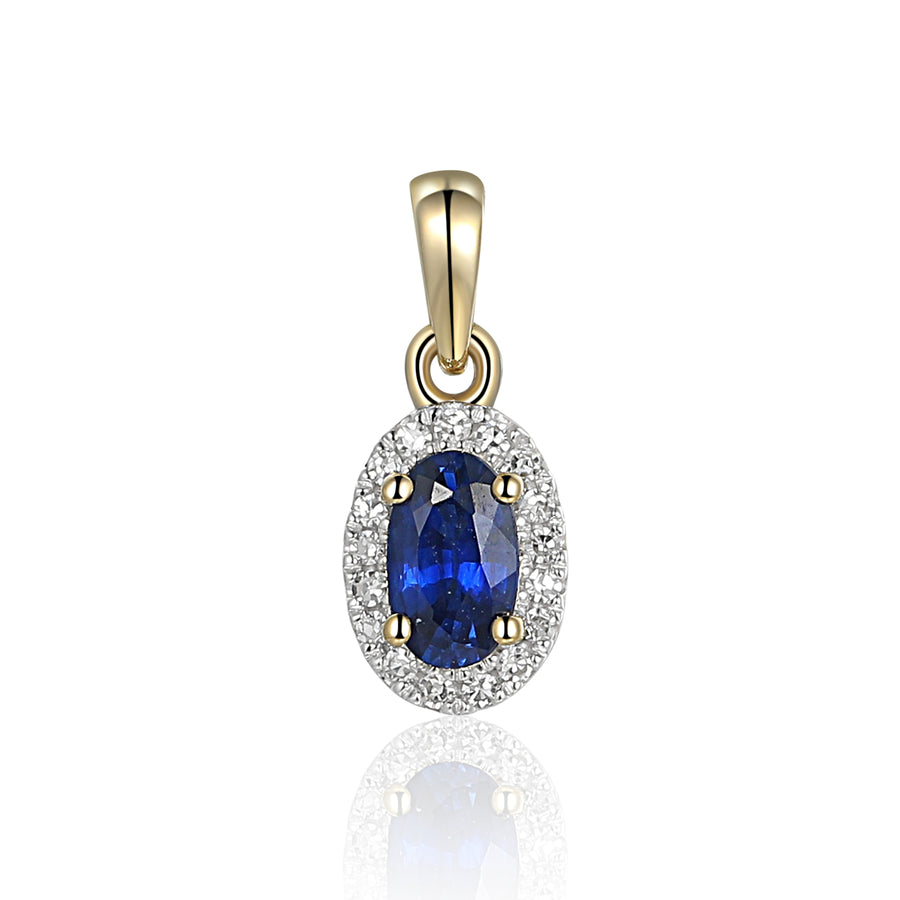 Oval Sapphire and Diamond Halo Pendant in 9ct Yellow Gold