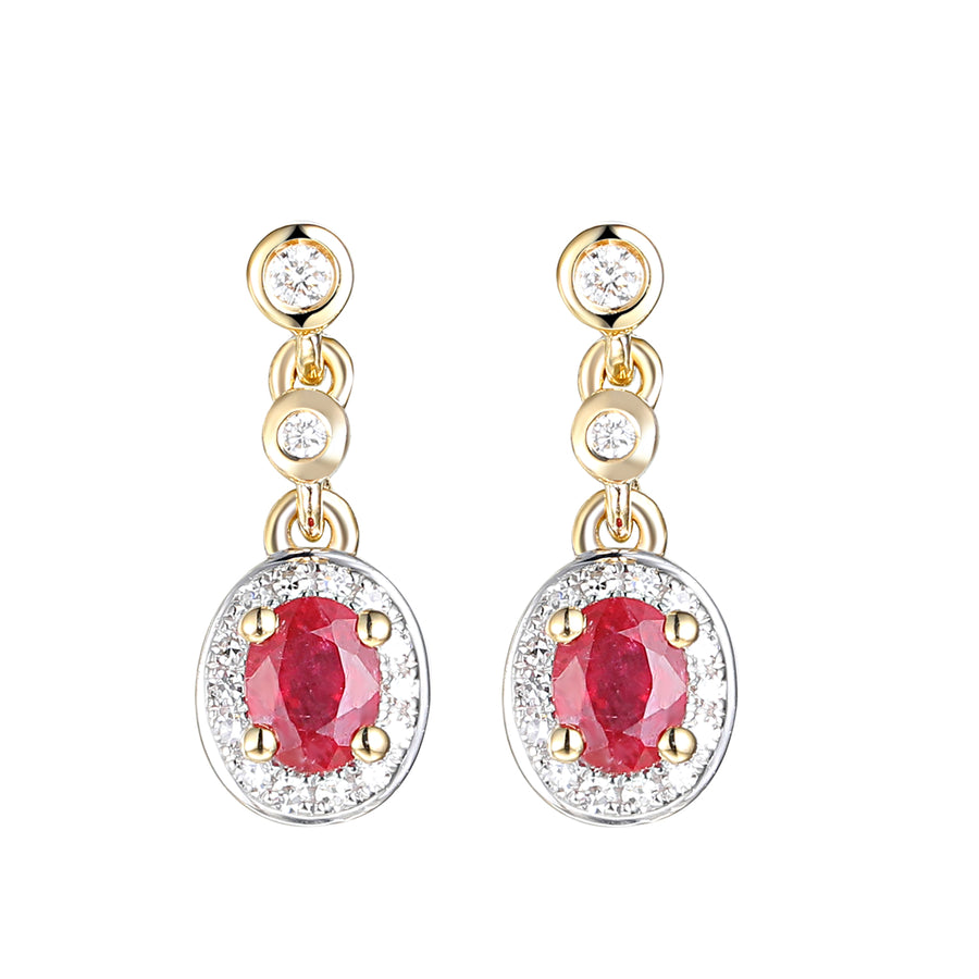 Oval Ruby and Diamond Drop Earrings in 9ct Yellow Gold