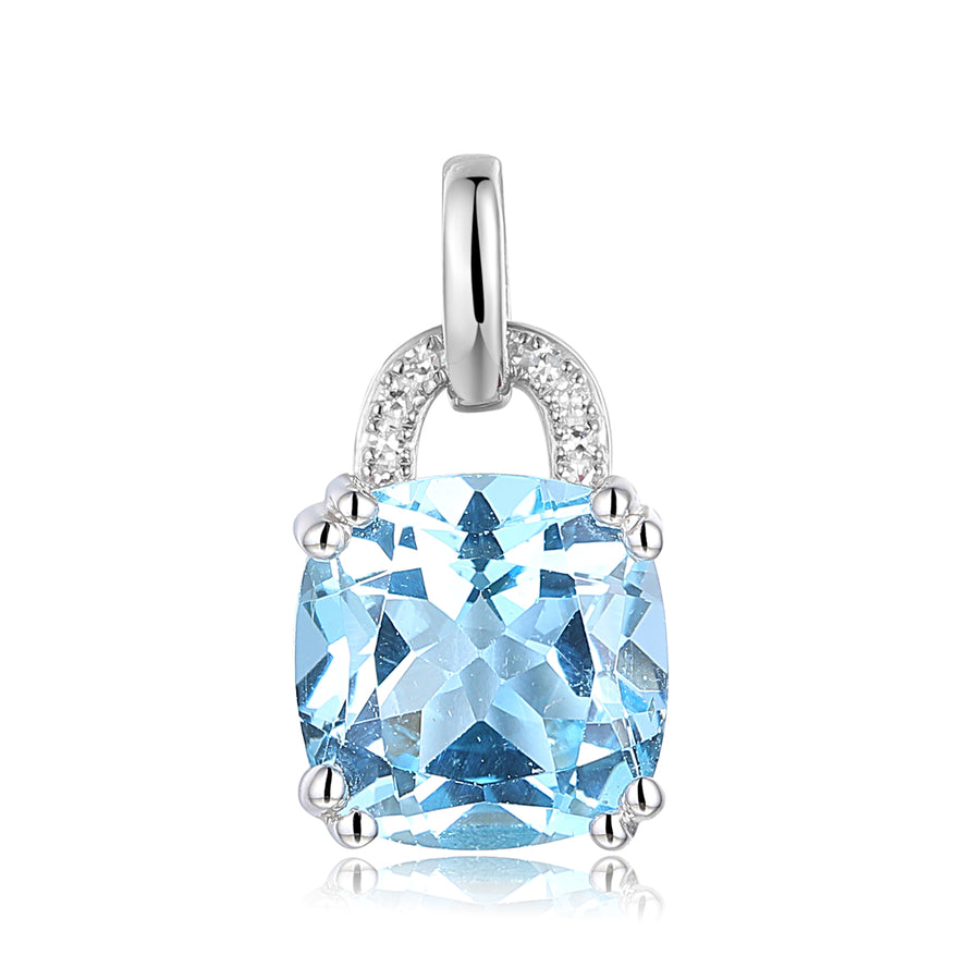 Cushion Cut Blue Topaz and Diamond Pendant in 9ct White Gold