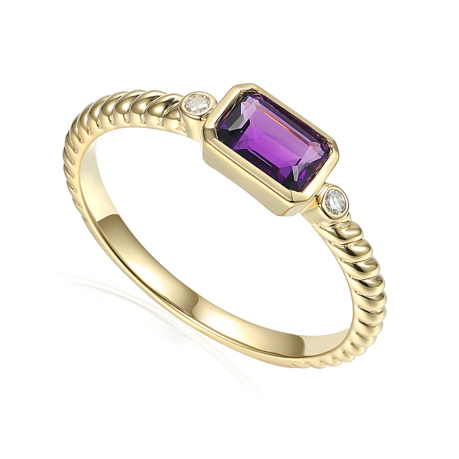 Emerald Cut Amethyst and Diamond Accent Rope Ring in  9ct Yellow Gold