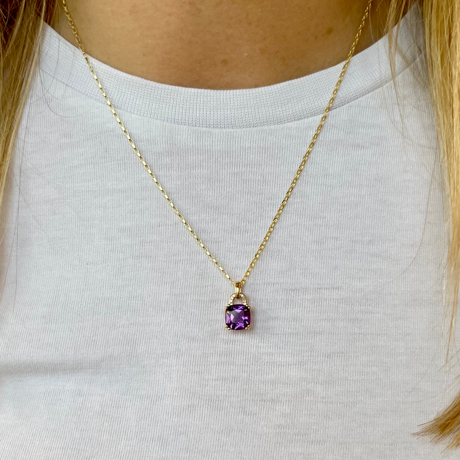 Cushion Cut Amethyst and Diamond Pendant in 9ct Yellow Gold