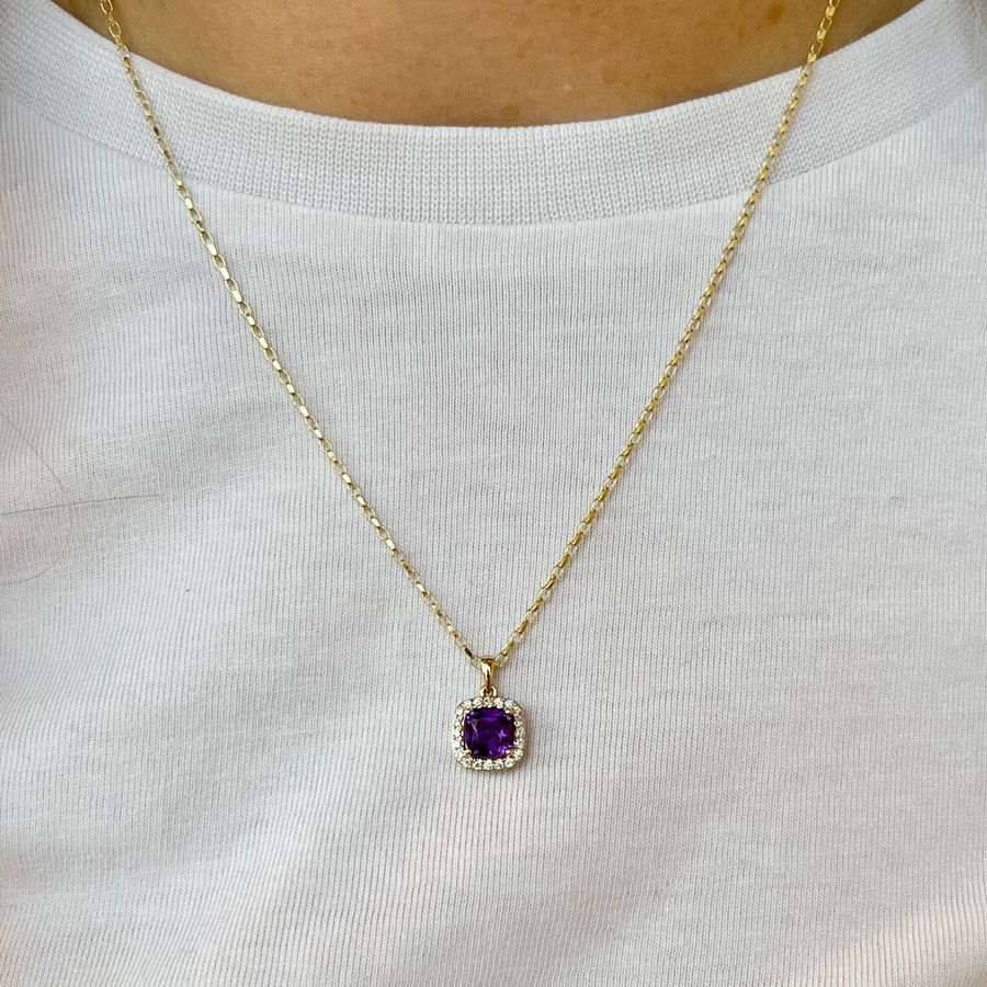 Cushion Cut Amethyst and Diamond Halo Pendant in 9ct Yellow Gold
