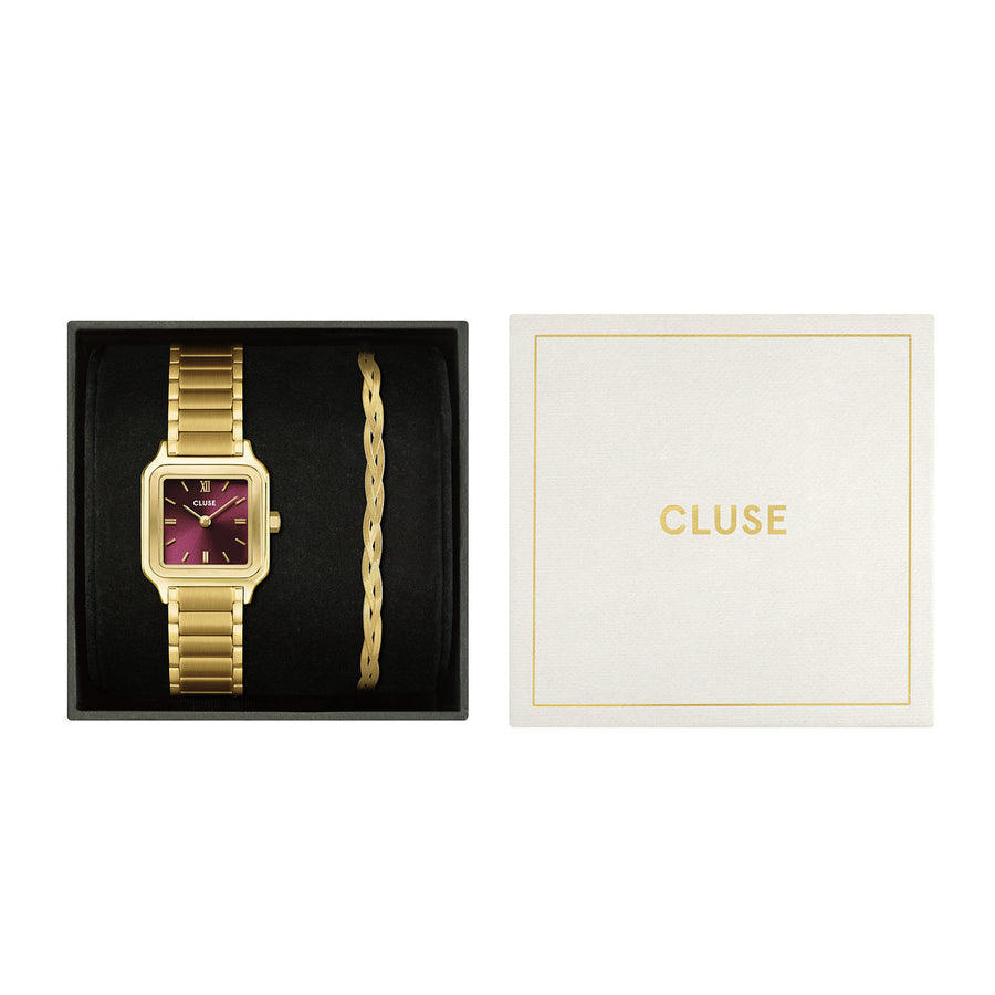 Cluse Gift Box Gracieuse Petite Watch Steel, Dark Cherry & 
Braided Snake Bracelet, Gold Colour