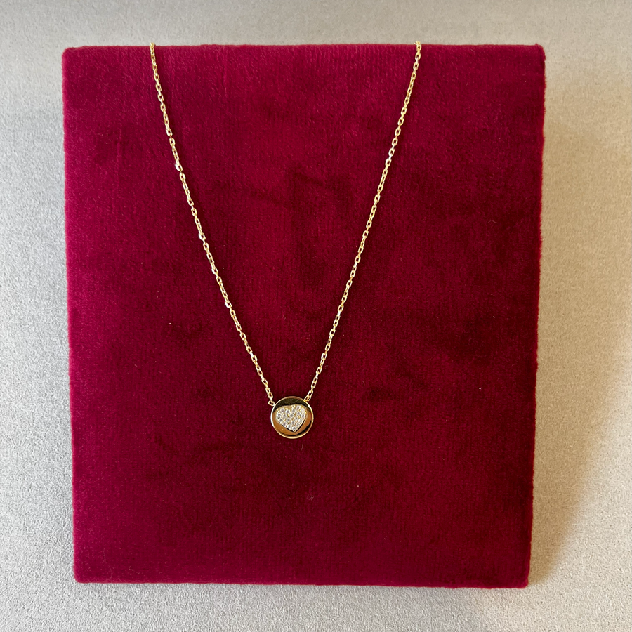 9ct Gold Disc with Pave Heart Necklace