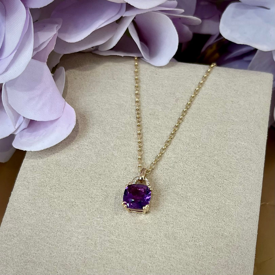 Cushion Cut Amethyst and Diamond Pendant in 9ct Yellow Gold