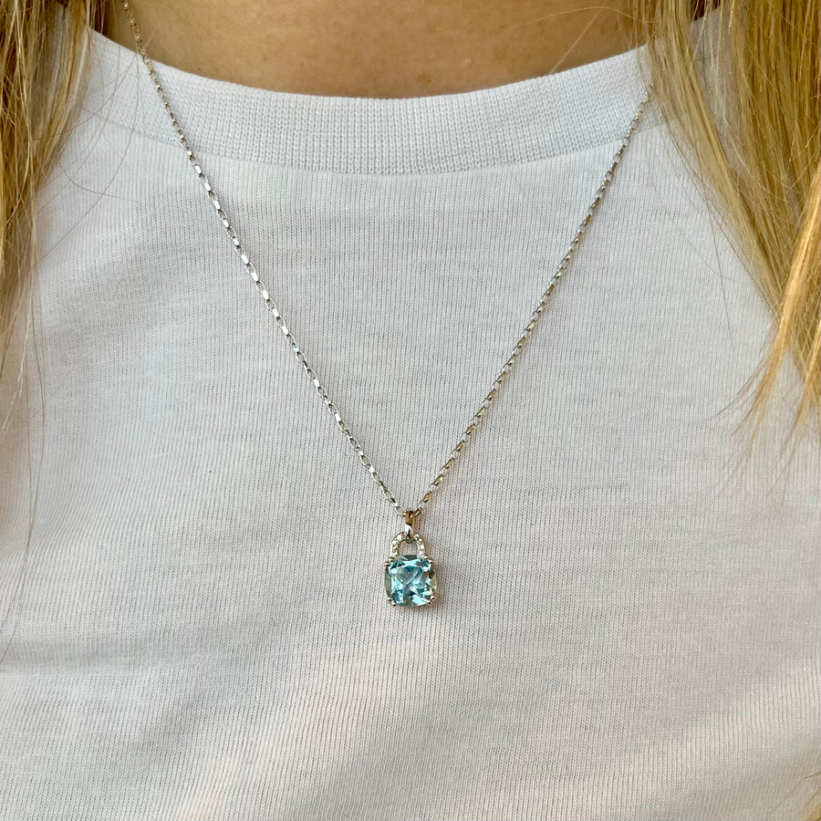 Cushion Cut Blue Topaz and Diamond Pendant in 9ct White Gold