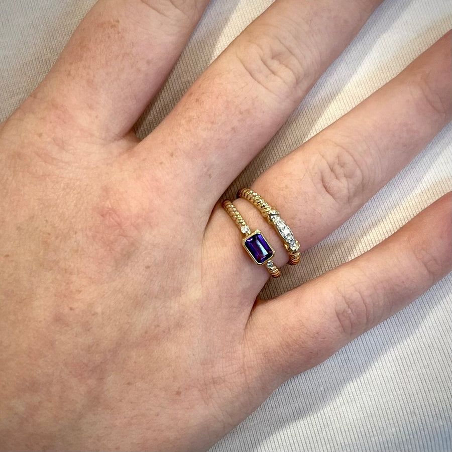Emerald Cut Amethyst and Diamond Accent Rope Ring in  9ct Yellow Gold