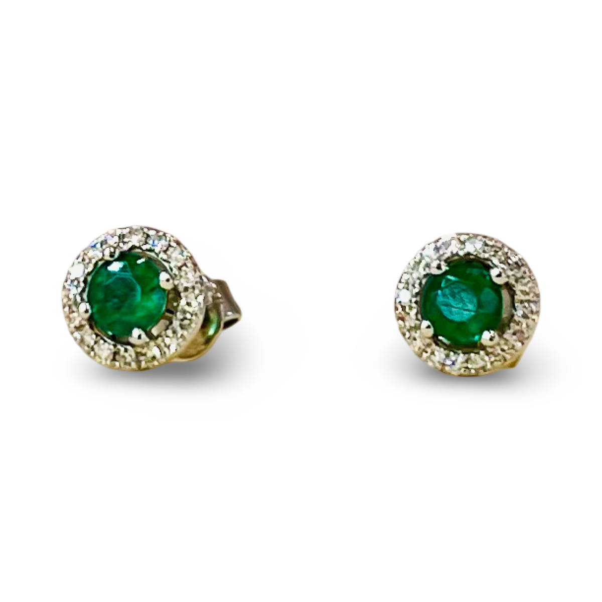 Round Emerald and Diamond Halo Stud Earrings in 9ct White Gold