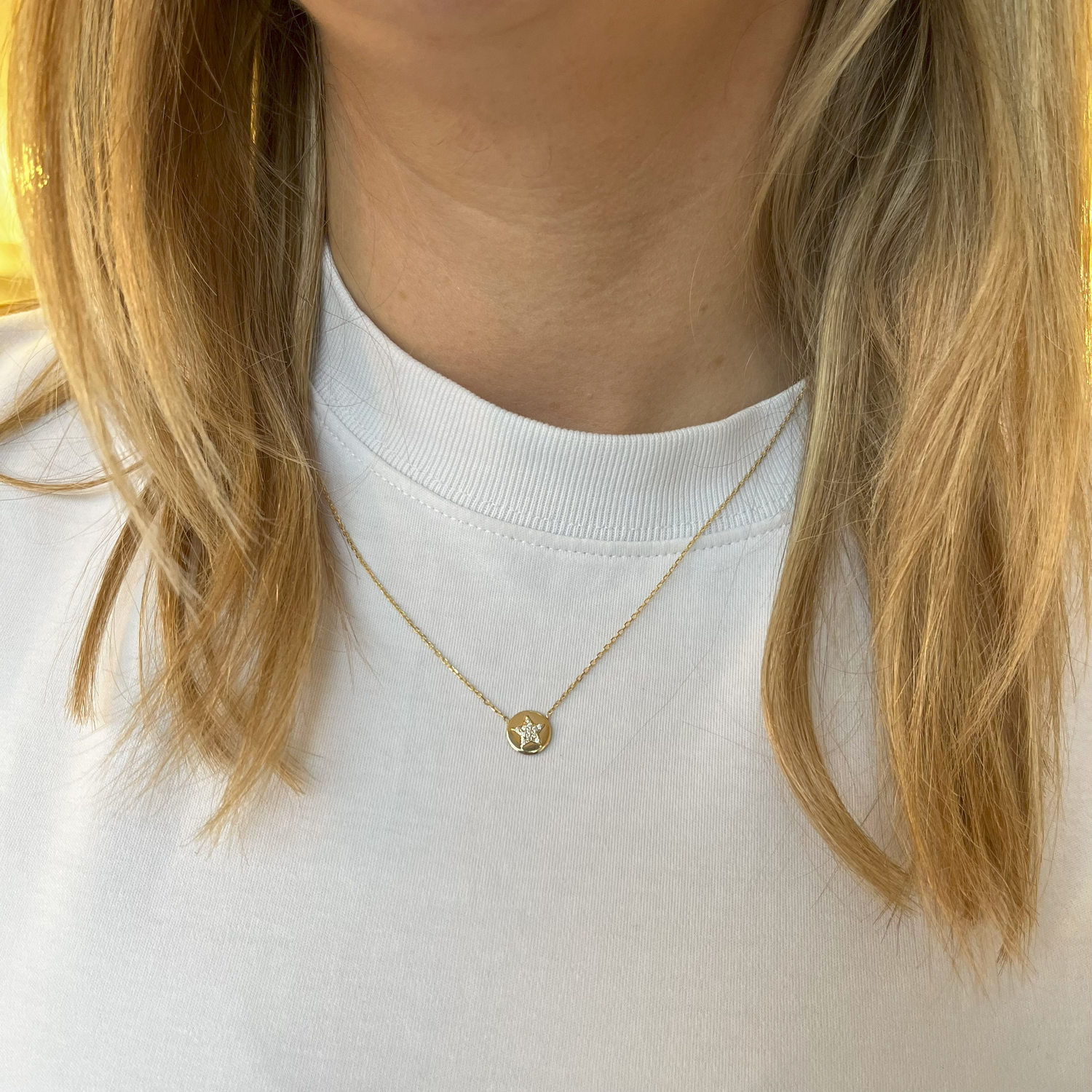 9ct Gold Disc with Pave Star Necklace