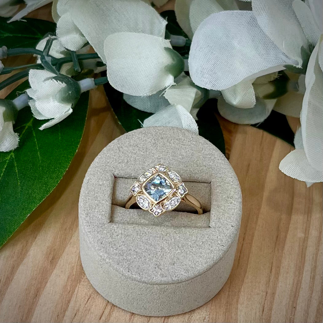 Vintage Inspired Aquamarine and Diamond Cluster Ring in 9ct Yellow Gold