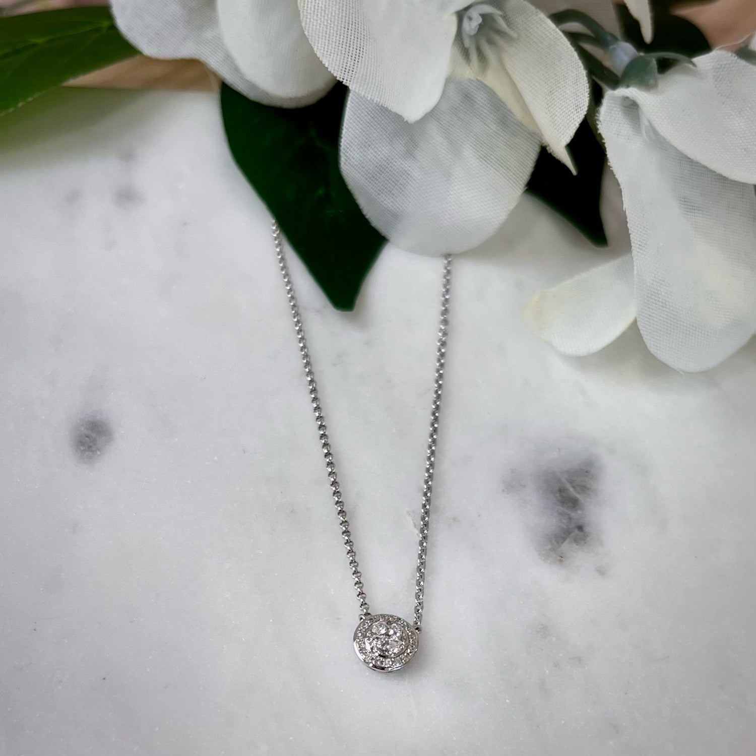9ct White Gold Diamond Halo Pendant Necklace - Timeless Elegance