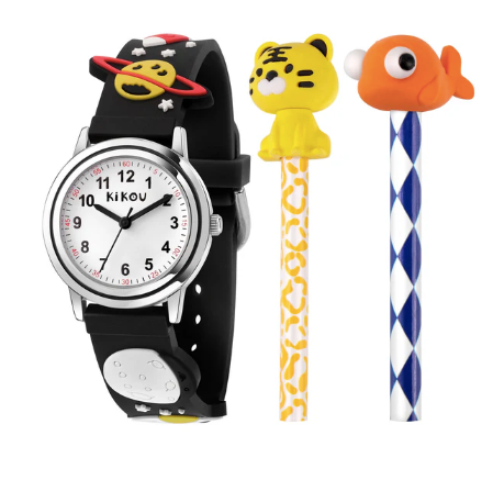 KIKOU KIDS WATCH HOBBY WHITE DIAL BLACK PVC STRAP (SPACE)
