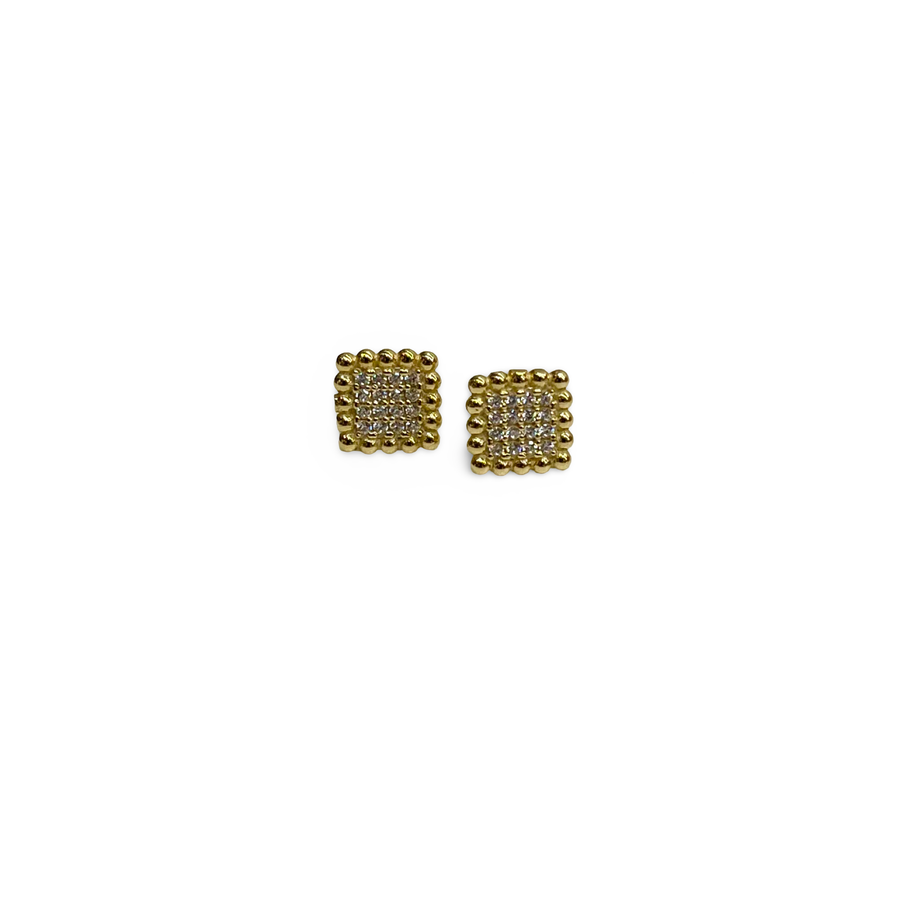 Pave Square and Beaded 9ct Gold Earrings