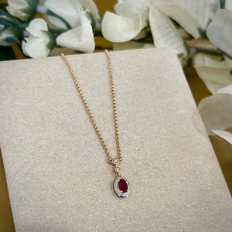 Oval Ruby and Diamond Drop Necklace in 9ct Yellow Gold
