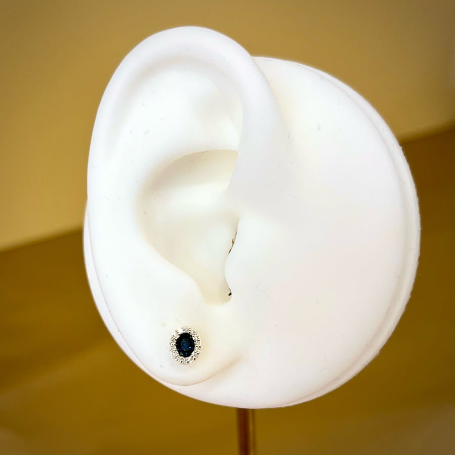 Oval Sapphire and Diamond Halo Stud Earrings in 9ct White Gold