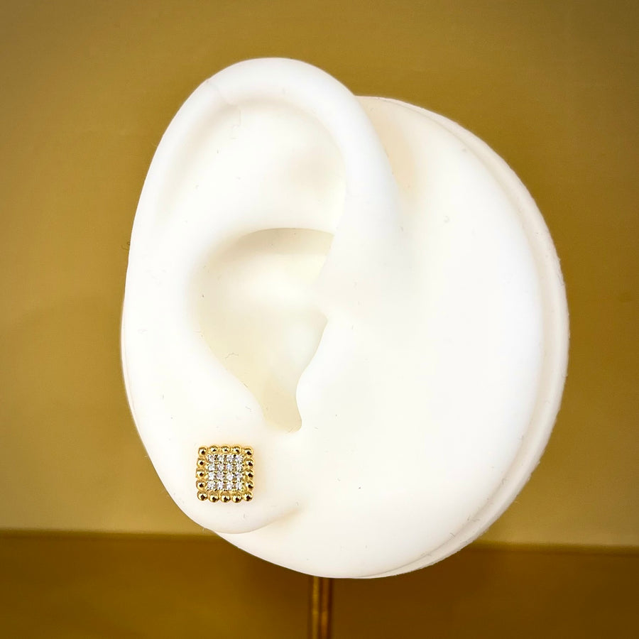 Pave Square and Beaded 9ct Gold Earrings