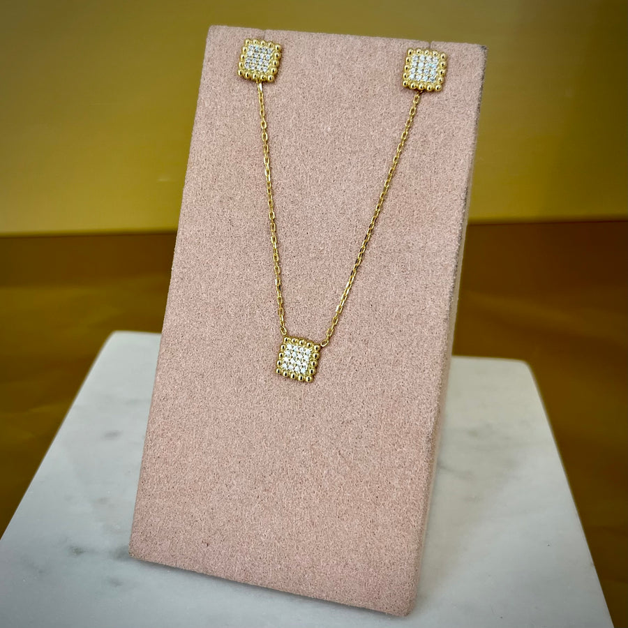 Pave Square and Beaded 9ct Gold Earrings