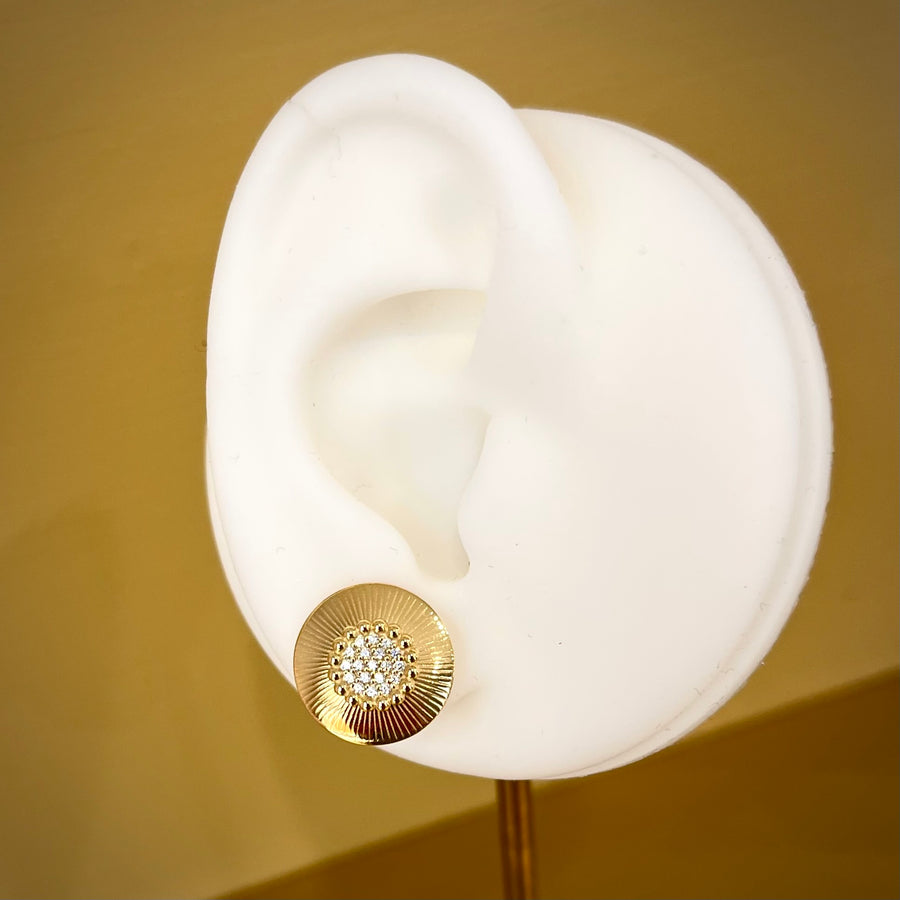 Rays and Pave 9ct Gold Round Stud Earrings