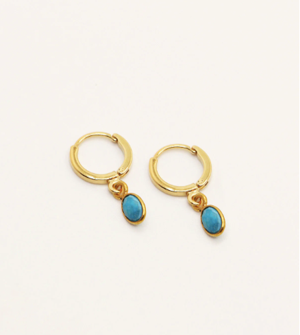 everyday semi precious stone hoop drop earrings. 24k gold plated.