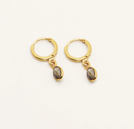 everyday semi precious stone hoop drop earrings. 24k gold plated.