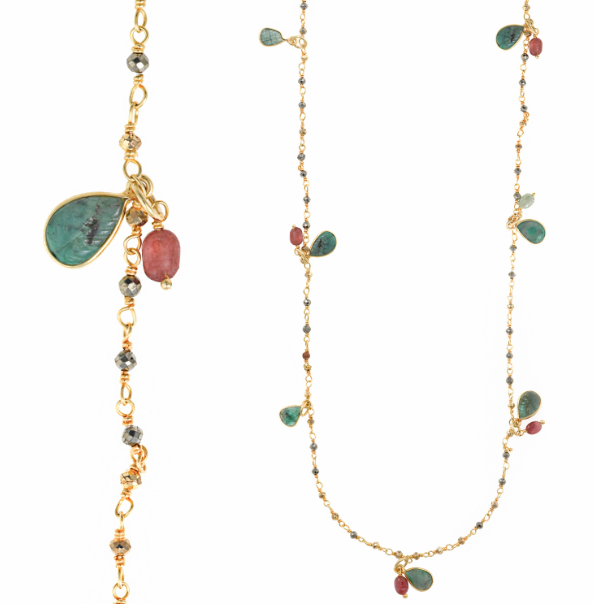 Necklace silver plated gold leaves emerald, beads pyrite and ovals tourmaline pink