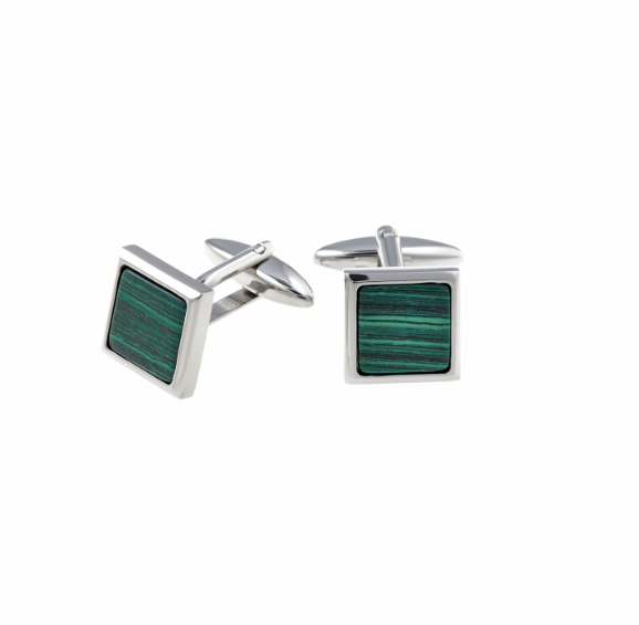 Sterling Silver Green Square Cuff Link
