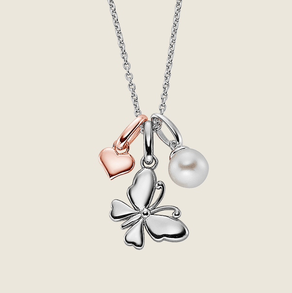 Piper – Butterfly, Pearl & Rose Gold Heart Necklace