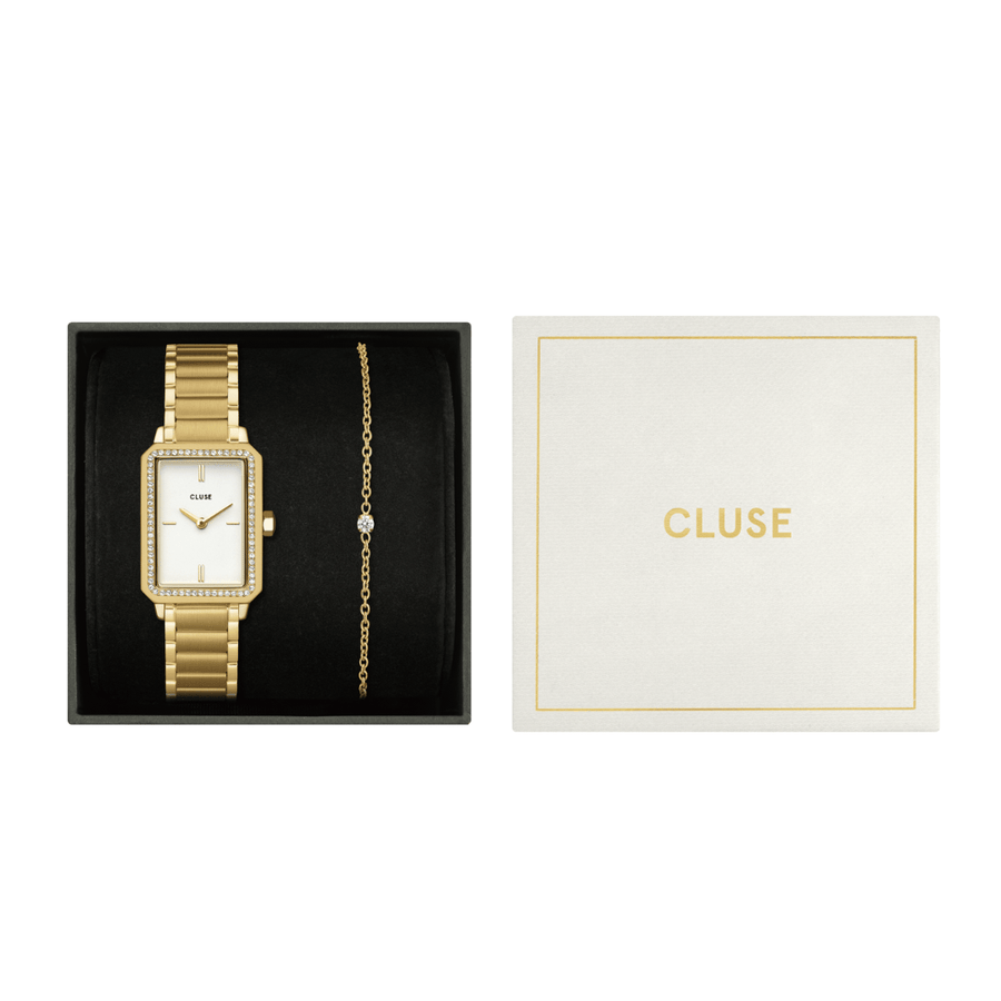 Cluse Gift Box Fluette Watch Steel White Stones & Zircon Bracelet, Gold Colour
