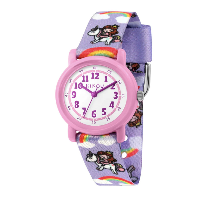 KIKOU KIDS CARTOON WHITE DIAL PURPLE STRAP WATCH