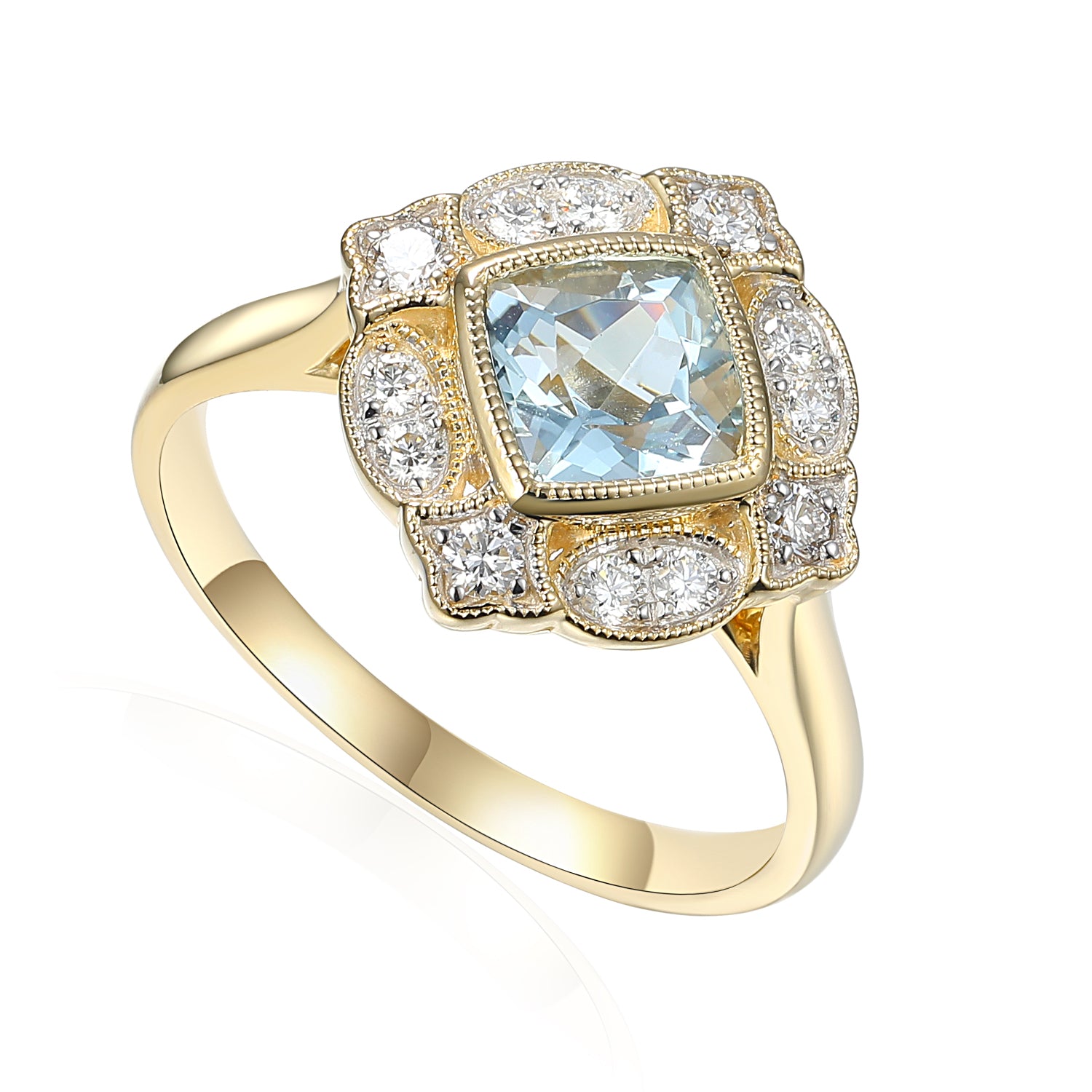 Gold ring with a central blue gemstone and diamond accents on a white background