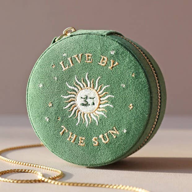 Sun and Moon Embroidered Round Jewellery Travel Case in Green