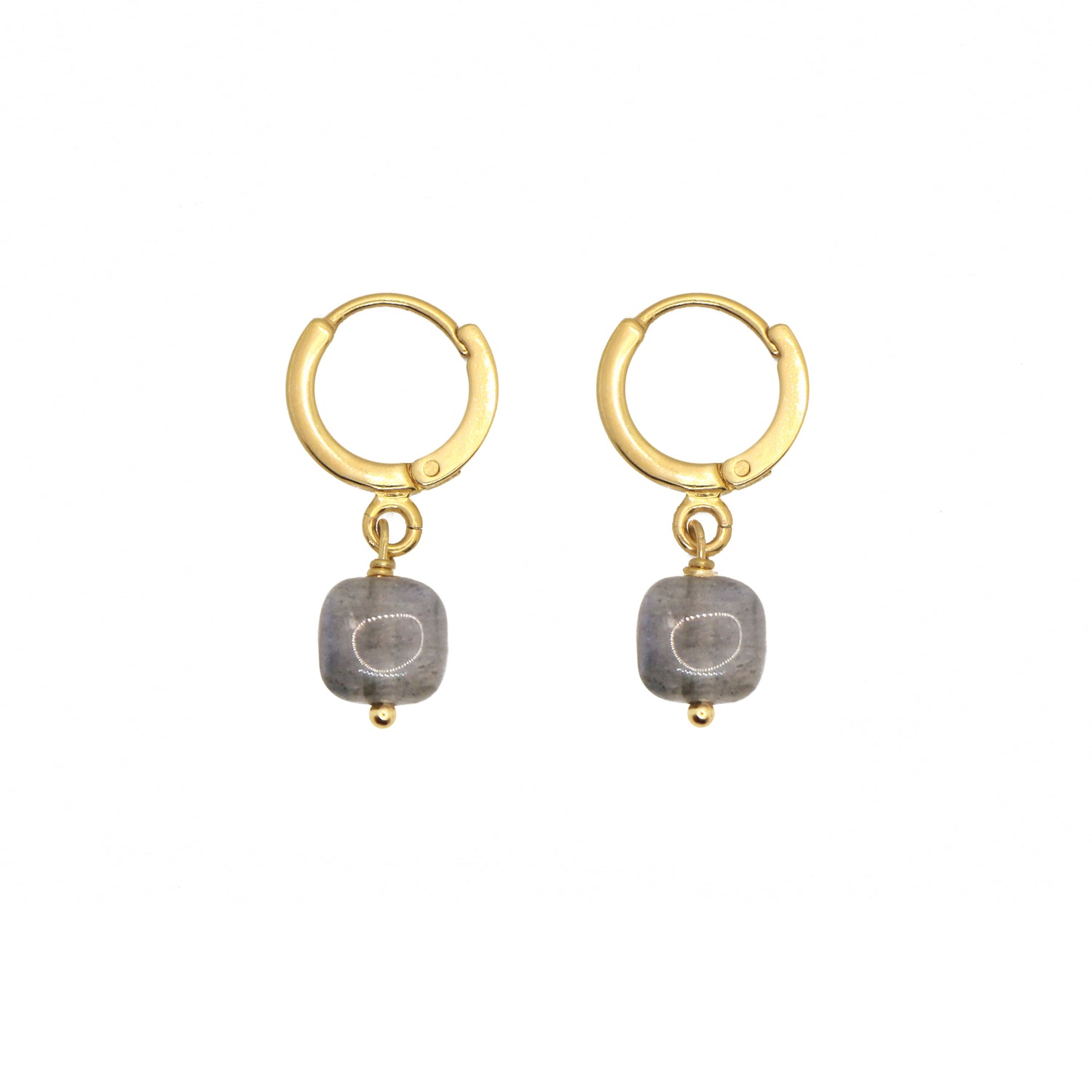 everyday semi precious stone hoop drop earrings. 24k gold plated.