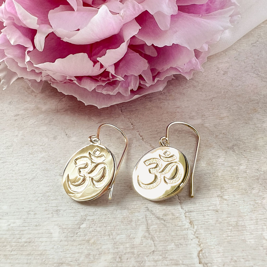 Om Symbol 9ct Solid Gold Drop Earrings (Symbolising Inner Peace and Calm)