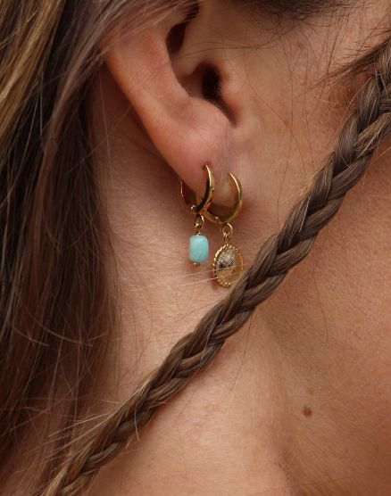 everyday semi precious stone hoop drop earrings. 24k gold plated.
