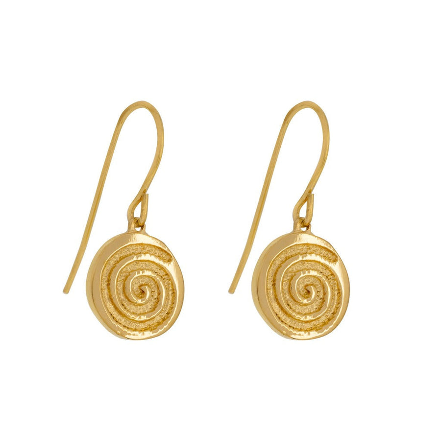gold simple drop earrings with celtic spiral symbol for energy from native by liwu jewellery